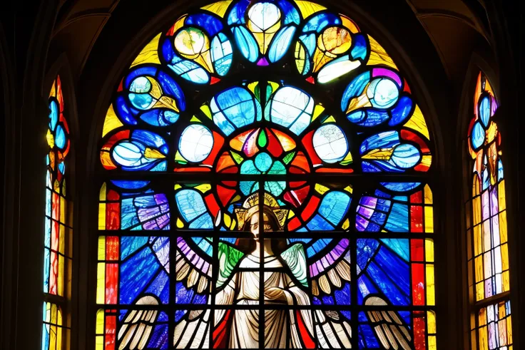 
“A close-up view of a grand stained glass window inside a church. The stained glass features intricate artwork of angels with detailed wings outstretched, serene faces, and flowing robes. The vibrant colors of red, blue, gold, and green glow brightly as s...