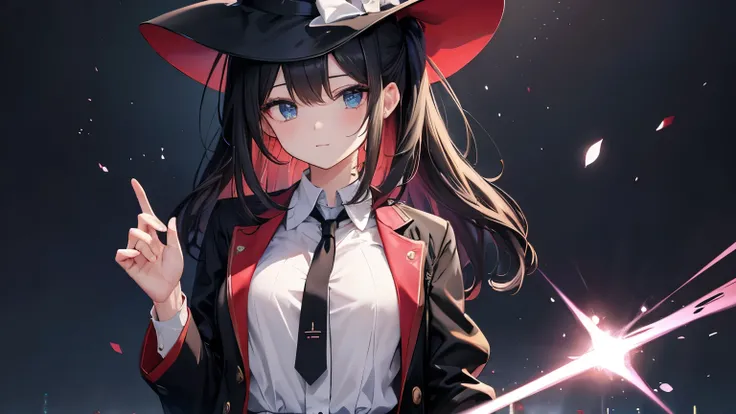  cute magician anime girl、 silk hat、short black jacket 、 White Buttoned Tee 、Trump、 Scenario Backdrop 