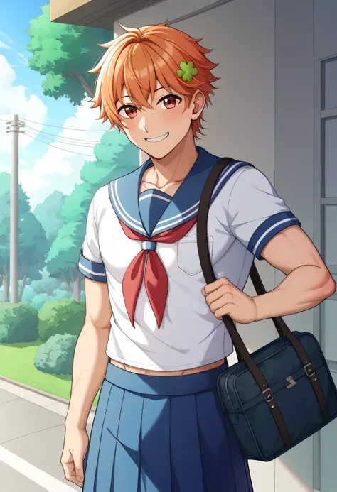 score 9 、score 8 up、score 7 up、source anime、1boy、(male:1.5)、Alone、looking at viewer、smile、 orange hair、braid、 、 red eyes、hair ornament、hair bow、Clover hairornament 、side braid、 light blue sailor collar 、 white shirt、school uniform、Short sleeve、 pleated ski...