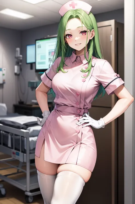 1woman, solo, nurse, white nurse cap, white nurse uniform, ((white legwear, zettai ryouiki)), white gloves, forehead, long hair, green hair, pink eyes, pink lips, smile, standing, ((hospital room)), sharp outline, short sleeves, mature female, 35yo, best q...