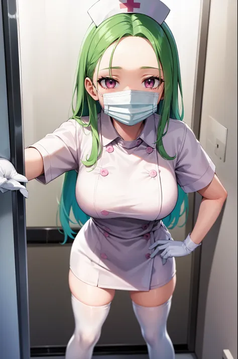 1woman, solo, nurse, white nurse cap, white nurse uniform, ((white legwear, zettai ryouiki)), white gloves, forehead, long hair, green hair, pink eyes, ((white surgical mask, covered nose)), standing, ((hospital room)), sharp outline, short sleeves, mature...