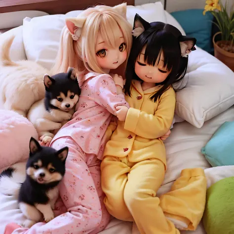 Shiba Inu girl sleeping in chibi pajamas、Girls sleeping in bed