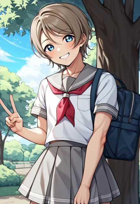 score 9 、score 8 up、score 7 up、source anime、1boy、(male:1.55)、Alone、looking at viewer、smile、Short Hair、 blue eyes、Brown Hair、Grey Hair、grey sailor collar 、 white shirt、school uniform、Short sleeve、 pleated skirt 、outdoors、 sailor suit、 gray skirt、 red necker...