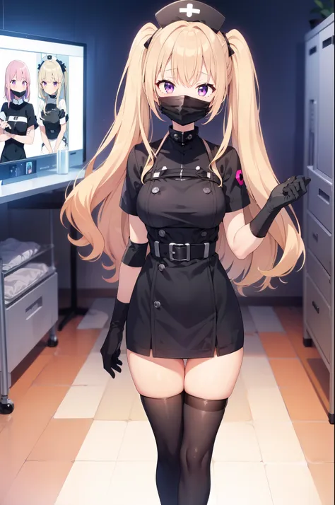 black nurse, 1girl, solo, black nurse cap, black nurse uniform, ((black legwear, zettai ryouiki)), black elbow gloves, twintails, yellow hair, purple eyes, ((black surgical mask, covered nose)), standing, ((surgery room)), sharp outline, short sleeves, bes...