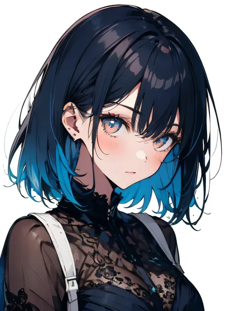    draw a black and white world 、   pastel color ，   gradient color   ，  blue hair，   1 girl，Plain white background，輝く瞳，   red eyeshadow  、   Crimsons hair is very fine  、    super high resolution rendering ，     black dress，Black lace