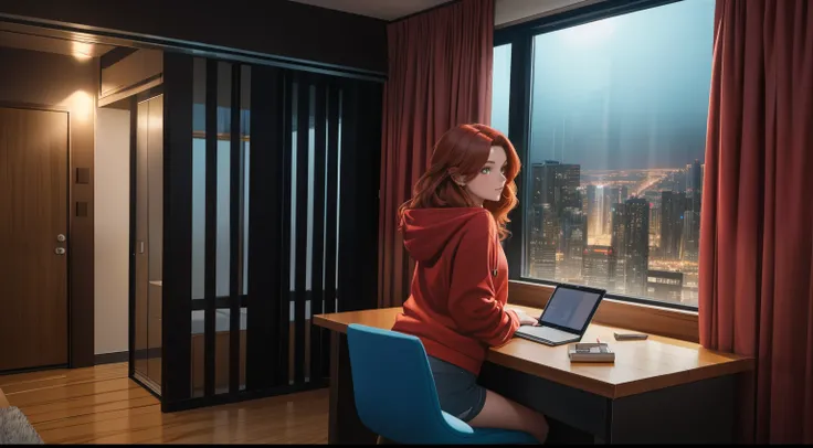 "Create a cinematic and cozy indoor scene at nighttime. A young woman with shoulder-length, wavy auburn hair sits at a modern wooden desk in front of a large window, looking back slightly with a thoughtful expression. She is wearing a red hoodie with a whi...