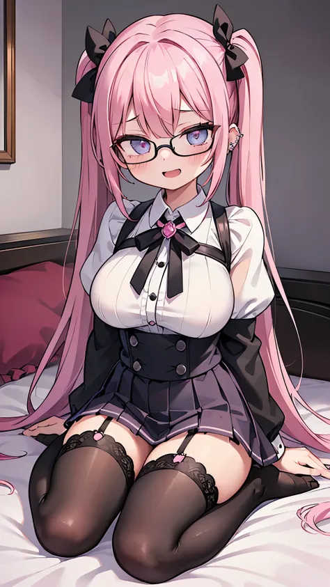 ((masterpiece、 top quality 、 super detailed )、 1 girl、 pink hair、twintails、 Light Blue Eyes 、evil smile、((open mouth))、((lots of piercings))、(( very large breasts))、Glasses、((pink lace brae))、(( black pleated skirt ))、((micro miniskirt))、((black thighhighs...