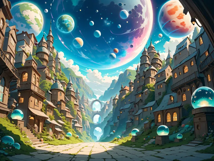 look up into outer space with vivid planets floating from a beautiful fantasy townscape, (masterpiece, ultra detailed, top quality), Studio Ghibli, PEAnimeBG.