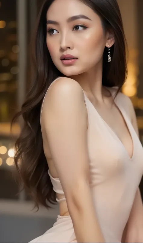 A beautiful young Indonesian girl actress with long black hair, smooth straight hair, face beautiful, long face diamond, glow face, detailed eyes, big breasts, (((random dress))), standing pose, sexy body, slim body , erotic body, sexy hips, wide hips, ((s...