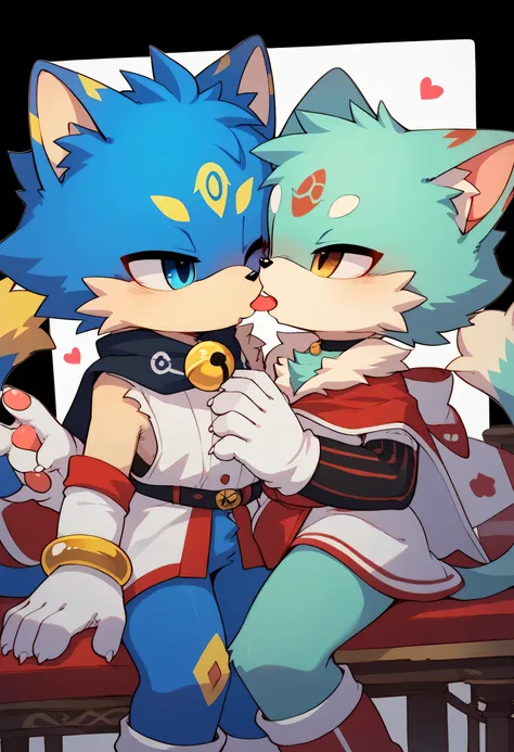 anime - style image of a couple of cats ging each other, Kiss together cutely, kemono, Furry Anime,  a fur animal with a tail ,  Cute Boy ,  HD FAN ART , On pixiv, , from sonic, Kiss together, erection , zerochan Art, The picture of pixiv  , by Kamaguruka,...