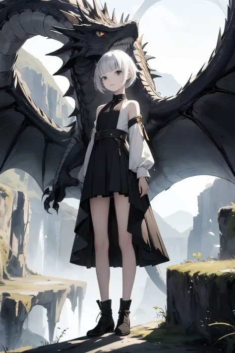 masterpiece,(1girl,Age 15,small),pale skin,short cut, bangs,slender, dragon 少女、 dragon ,magicsword,