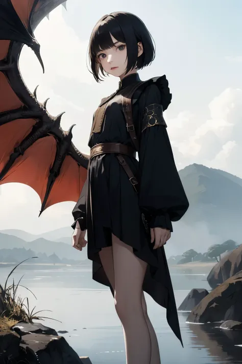 masterpiece,(1girl,Age 15,small),pale skin,short cut, bangs,slender, dragon 少女、 dragon ,magicsword,