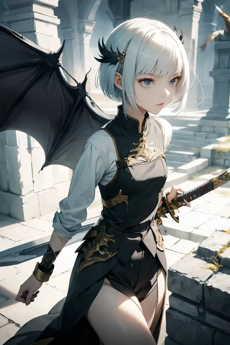 masterpiece,(1girl,Age 15,small),pale skin,short cut, bangs,slender, dragon 少女、 dragon ,(sword),