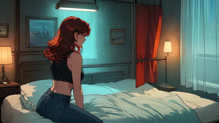 "A cozy and cinematic bedroom with a dark, rainy atmosphere featuring A woman big bobs with short wavy auburn red hair, wearing a lush brown tank top and fit jeans, The woman is laying on bed capture the best position of chill. The room is illuminated by m...