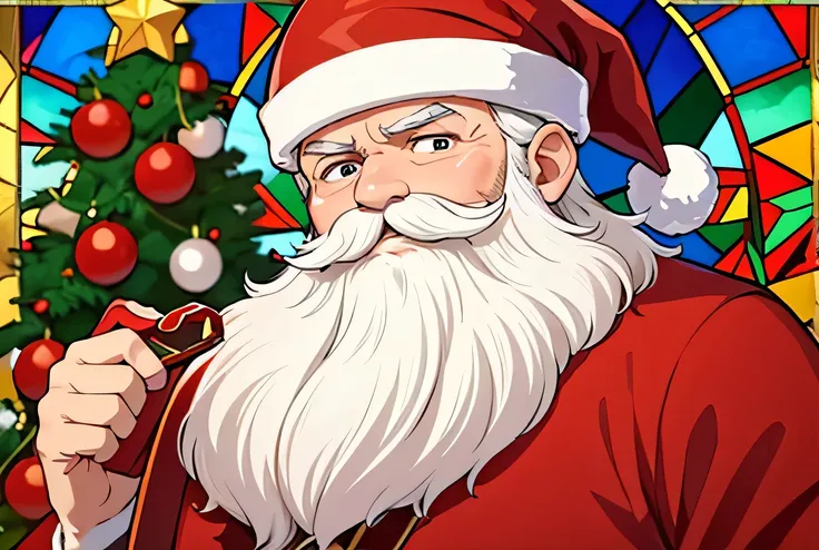 Santa Claus, depicted in a stained-glass style.  He is positioned centrally in the image, with a slight bias towards the left.  He is a Caucasian male, likely in his late 40s or 50s, with a joyful expression.  His face is round and rosy, and his eyes crink...