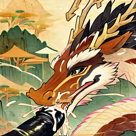 NSFW.white eastern dragon.face close-up.blowjob.ferratio.bukkake.cum on face. cum in mouth.Large humans dark-brown penis.humans waist,eastern dragon.More semen.old Japanese art.