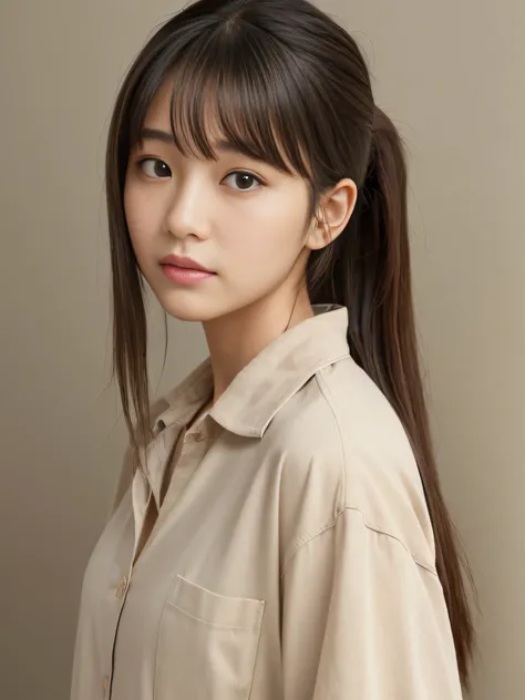 Portray a realistic portrait of a 22 year old Japanese TV idol woman. She has medium brown straight hair, with bangs in a ponytail just above her eyebrows. Her eyes are large and expressive, looking directly at the viewer and conveying calmness and gentlen...