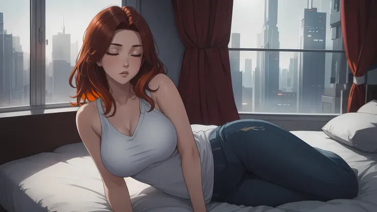 "Create a cinematic, cozy bedroom scene at nighttime with a futuristic cityscape visible through a large window. A young woman with shoulder-length, vibrant auburn hair reclines on a neatly made bed. She is wearing an orange hoodie and snug blue jeans. Her...