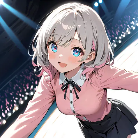  laughs、asymmetry bangs, swept bangs、 Medium Length Hair ,{{{masterpiece}}}, {{{ top quality}}}, {{  super detailed }}, {beautiful detailed eye}, 1  girl, Alone, ((Grey Hair)),(bangs), angle from above、  looks up,  girl ,Midea,eye、  dynamic angle  、Long Gr...