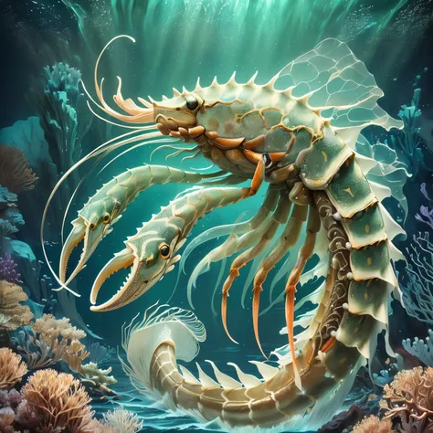 painting of a large shrimp with a long tail and a long tail, sea creature, aquatic creature, deep sea creature, underwater sea monster, highly detailed creature, crustacean, underwater sea dragon, lovecraftian sea creature, sea dragon, amazing space creatu...