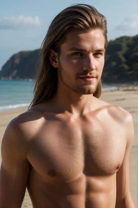 best quality, clear quality, high quality, 4K, very detailed face, detailed fingers, german man, blond long hair, man, detailed eyes, sexy posing, naked, sexy posing on the beach, smirk, view from the back
