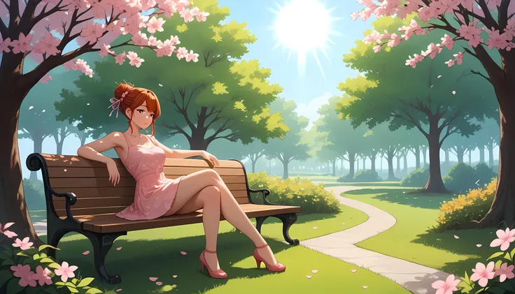 "A woman with short auburn hair styled into a messy bun sits gracefully on a wooden bench in a stunning garden filled with blooming sakura trees and colorful leaves. She wears a delicate, flowing mini dress that drapes naturally around her form, catching t...