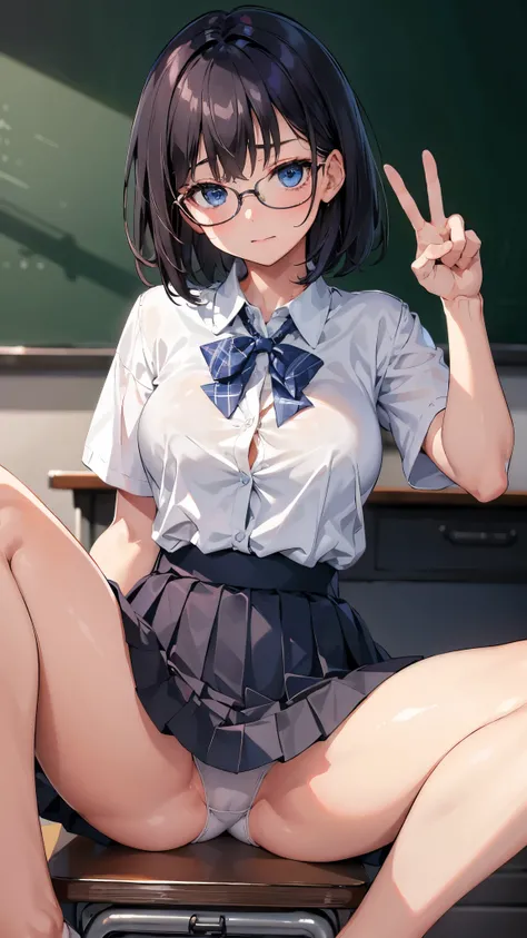 ​masterpiece、 best quality、 Details、 Female 1 person 、  blue eyes 、 dark-haired、 short hair、blouse、 pleated skirt、Colossal 、‎Classroom、blouse unbuttoned、Peace sign with hand、With a thick waist、Sit on a desk with your legs apart、 bend your knees and spread ...