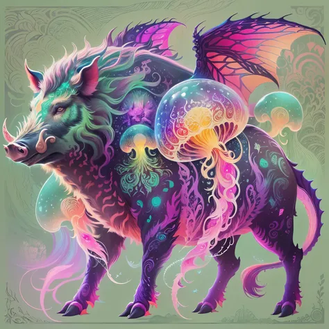 boar with jellyfishs, surreal hybrid animals, hyperbeast design,  mastodon, a beautiful artwork illustration, mythical whimsical creatures, cosmic horror creature, surreal and fantasy art, pop surrealism art style, fantasy creature, mythical creature