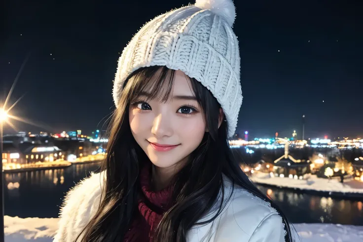 ( top quality 、 high definition 、 Details:1.2)、 real、 photorealistic :1.37、超 Details、 landscape photography、Wide-angle lens、 bright colors 、Bokeh、 Sharp Focus 、 Christmas Night、Snowy Night、Cold looking young woman 、26 years old、 yarn hat、 black hair semi-l...