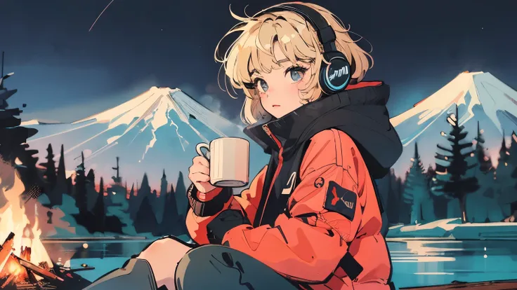 8k,Ultra High Quality,Blonde short hair girl, young face,,aesthetic, atmospheric, lo-fi art style, lo-fi portrait, winter, night sky, beautiful starry sky. Noble girl, lo-fi color, masterpiece, best quality, beautiful asian girl, cute and dreamy, illustrat...