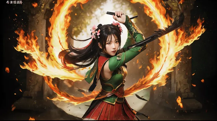 Guan Yinping,flame，combustion，kill，fighting stance, Serious, black hair, brown eyes, hair accessories, hair flower, green roof, looking at the audience, forest, Half body, Hold the card, Black stockings, permanent, 上Half body