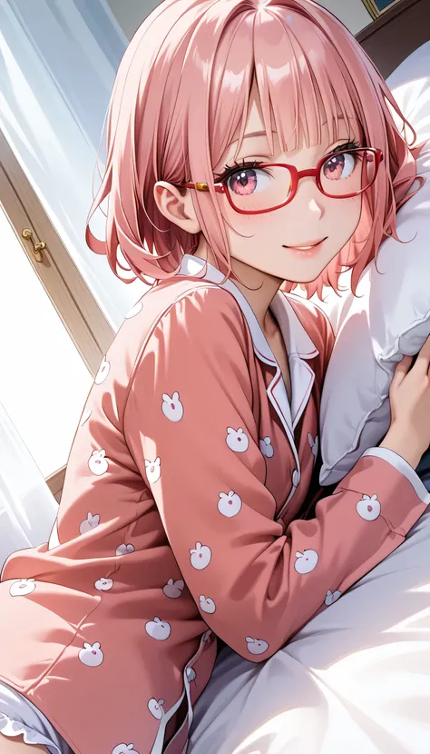 ​masterpiece、 top quality、  super detailed  ((( elementary school students、 small girl、))),  one girl ,  Beautiful lighting、１ girl、Im hugging a cushion 、、(((Adorable )))、(((  sleeps in bed )))、(((pajamas)))、 (((  red glasses)))、A little blush、Young Face、Ti...