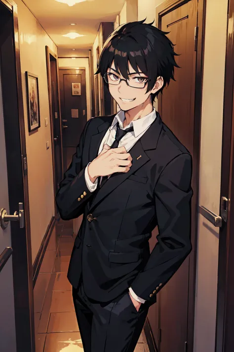 Black hair, spiky hair, anime boy, dark eyes, grin, glasses, hallway, blazer