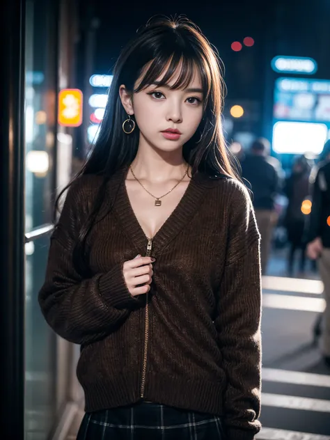 rolua,, , 1girl, ahoge, bangs, black skirt, black sweater, blue nails, blurry, blurry background, breasts, brown eyes, brown hair, brown jacket, closed mouth, dated, day, depth of field, earrings, eyelashes, hand up, head tilt, jacket, jewelry, long hair, ...
