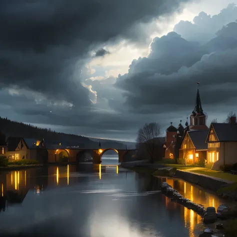 there is a river with a bridge and a house in the distance, a picture by Svetlin Velinov, pixabay, renaissance, russian landscape, russian village, gloomy weather. high quality, against a stormy sky, of a small village with a lake, russian villages at back...