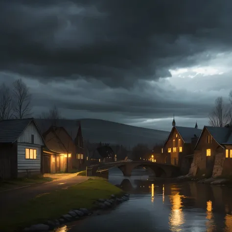 there is a river with a bridge and a house in the distance, a picture by Svetlin Velinov, pixabay, renaissance, russian landscape, russian village, gloomy weather. high quality, against a stormy sky, of a small village with a lake, russian villages at back...