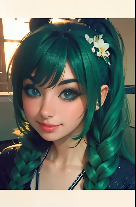 1girl, solo, hair ornament, green hair, twintails, long hair, dress, water,, mid shot portrait photo of (Faruzan) from Genshin Impact,, dark fantasy background, charming smirking., by Greg Rutkowski and Walt Disney ultra realistic highly detailed intricate...