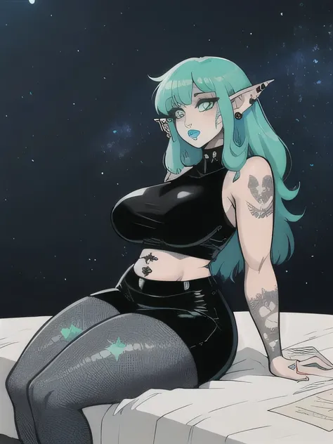 Anime cartoon. goth. black lipstick.elf ears  night background. grey eyes. paper vampire white skin. piercings. tattoos. cyan and neon green ombre hair. bigger body frame. oversized body type. female, chubby, fat, stretch mark, big hips, bugs butt, big che...