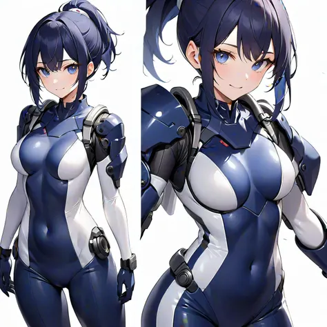 (​masterpiece、 top quality 、 highest resolution、Clear image、 detailed images、 The angle is from above ): (solo、Lonely Girl、Japanese Face、 high knot ponytail、Dark blue hair girl、Sparkling Blue Eyes、( white and navy blue pilot suit with enamel finish、 white ...