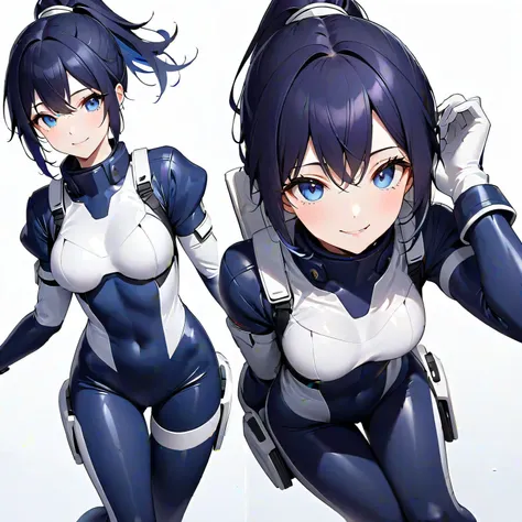 (​masterpiece、 top quality 、 highest resolution、Clear image、 detailed images、 The angle is from above ): (solo、Lonely Girl、Japanese Face、 high knot ponytail、Dark blue hair girl、Sparkling Blue Eyes、( white and navy blue pilot suit with enamel finish、 white ...