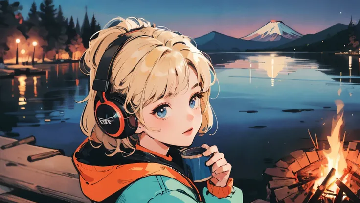 full body,from above,wide angle,Blonde short hair girl,noble girl,young face,Relaxed face,aesthetic,atmospheric,beautiful asian girl,cute and dreamy,oversized blue down jacket,headphones,winter,night sky,beautiful starry sky,camp,bonfire,lake,log,lo-fi art...