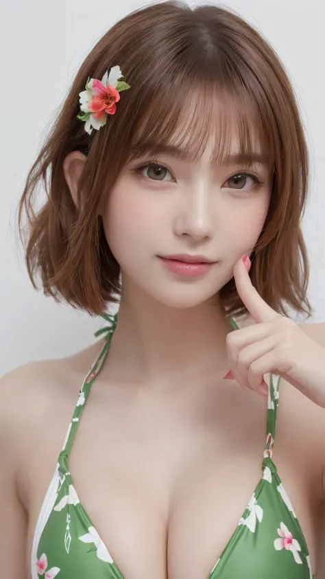 ( top quality)),( super high resolution ),( super detailed),( Detailed explanation ),(( best CG )),(masterpiece),Extremely Fine Art ,


 (((Point your index finger to the sky)))、(((Green Micro Bikini)))、(((Small floral swimsuit)))、(((Wearing a micro bikini...