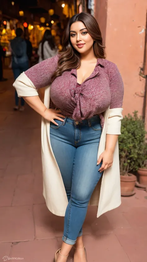 gorgeous curvy plus size Indian bengali actress ritavori , glowing eyes, wearing SHEIN Young Boy Spider Print Short Sleeve T-Shirt And pale ripped jeansWith an over coat Color: Red , covered Bust, parted lips, blushing cheeks, thick thighs, bigger waist, ...