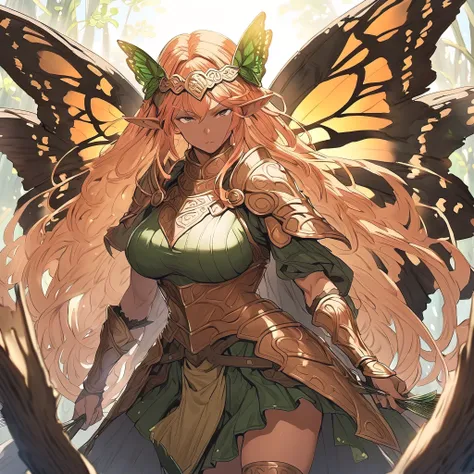 Anime, high detailed, 1 woman, mature woman, fairy woman, elf ears, extremely long alburn hair, tanned skin, curvy body, big Breasts, celtic armor, celtic warrior armor, ornamented headband, skirt, narrowed eyes, serious, butterflys wings, spreading her bu...