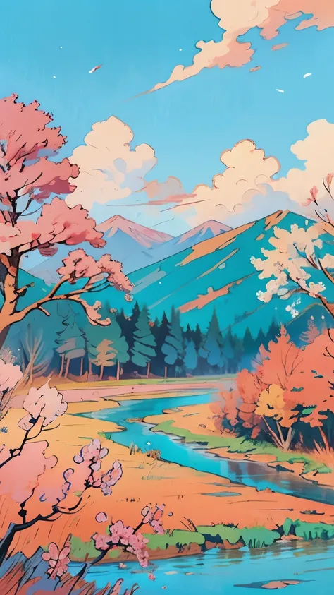 /imagine prompt: Viral anime nature wallpaper in 4K quality, in the style of illustration inspired by Rumiko Takahashi, featuring a picturesque valley with rolling hills, blossoming cherry trees, and a clear river flowing through; soft and pastel color tem...
