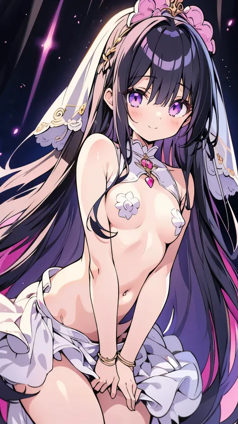 anime style, Rendering of anime girls, realistic young anime girl, Smooth anime CG art, smile, cute, purple eyes, small breasts, tall, Long straight hair、slanted eyes, wedding veil、Wedding dress, aldult, black hair、 exposes her chest、 Bare Breasts、 nipple ...