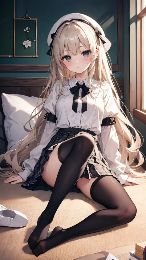 (8k、Best image quality、Highest quality、masterpiece)、One tall girl、((Full body))、Sit on the floor with your legs spread apart、White panties are visible、Long Hair、Wavy Hair、blush、Moderate bust、White collared shirt、Short sleeve、((Plaid pleated mini skirt))、Cl...