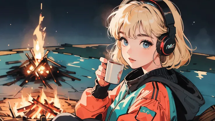 full body,from above,wide angle,Blonde short hair girl,noble girl,young face,Relaxed face,aesthetic,atmospheric,beautiful asian girl,cute and dreamy,oversized blue down jacket,headphones,winter,night sky,beautiful starry sky,camp,bonfire,lake,log,lo-fi art...