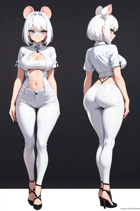 White Mouse Girl, DETAILED IMAGE, White Hair Ears and Tail, Medium breasts, full body, Thin Waist, Wide Hips, Casual Prostitute CLOTHING, smile expression