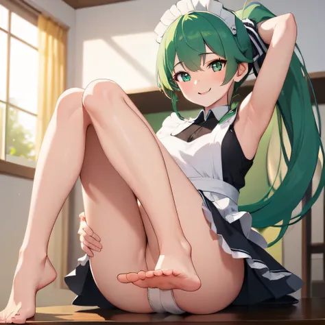 (( top quality )), ((masterpiece)), (  Details), Green Hair,Maid Dress,Moe Moe Ekyun,smile,Side show, 1 girl,Armpit, Ashikari,Bare legs,barefoot,smile,blush,Embarrassed,Looking down,Trampling,Perfect limbs,Maid Dress,Skin radiance, long ponytail, 1 girl, p...